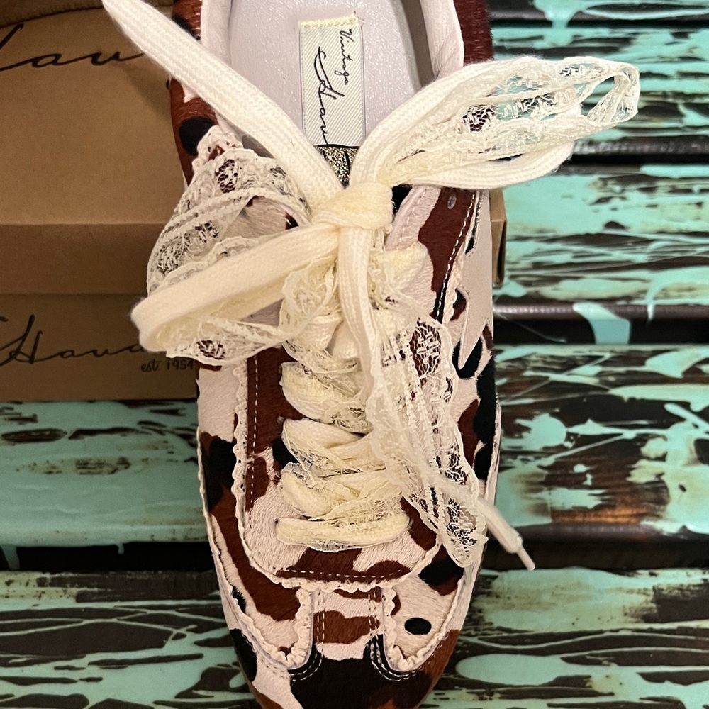 Custom Vintage Havana Cow Print Sneakers - Picture 2 of 7